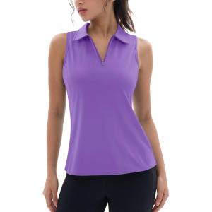 imageMAGCOMSEN Womens Golf Polo Shirts Sleeveless Racerback Zip Up UPF 50 Quick Dry Tennis Workout Athletic Tank TopsLight Purple