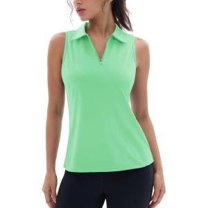 imageMAGCOMSEN Womens Golf Polo Shirts Sleeveless Racerback Zip Up UPF 50 Quick Dry Tennis Workout Athletic Tank TopsMint Green