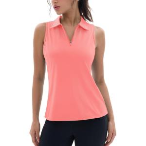 imageMAGCOMSEN Womens Golf Polo Shirts Sleeveless Racerback Zip Up UPF 50 Quick Dry Tennis Workout Athletic Tank TopsPink