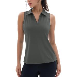 imageMAGCOMSEN Womens Golf Polo Shirts Sleeveless Racerback Zip Up UPF 50 Quick Dry Tennis Workout Athletic Tank TopsSeagrey