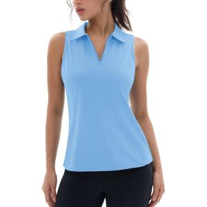 imageMAGCOMSEN Womens Golf Polo Shirts Sleeveless Racerback Zip Up UPF 50 Quick Dry Tennis Workout Athletic Tank TopsWaterfblue