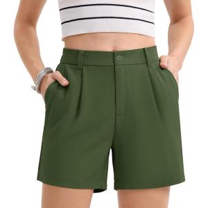 imageMAGCOMSEN Womens Shorts Dressy Casual Pleated Straight Leg Shorts Summer Elastic Waist Mid Rise Shorts with PocketsArmy Green