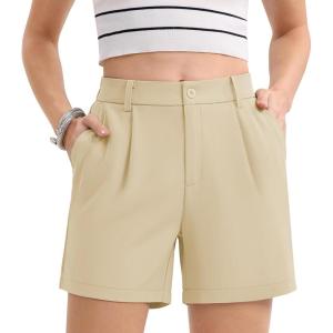 imageMAGCOMSEN Womens Shorts Dressy Casual Pleated Straight Leg Shorts Summer Elastic Waist Mid Rise Shorts with PocketsBeige