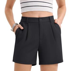 imageMAGCOMSEN Womens Shorts Dressy Casual Pleated Straight Leg Shorts Summer Elastic Waist Mid Rise Shorts with PocketsBlack