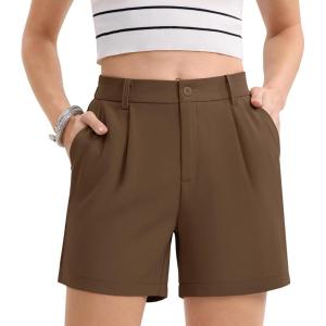 imageMAGCOMSEN Womens Shorts Dressy Casual Pleated Straight Leg Shorts Summer Elastic Waist Mid Rise Shorts with PocketsBrown