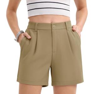 imageMAGCOMSEN Womens Shorts Dressy Casual Pleated Straight Leg Shorts Summer Elastic Waist Mid Rise Shorts with PocketsKhaki
