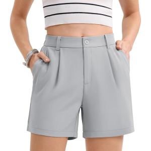 imageMAGCOMSEN Womens Shorts Dressy Casual Pleated Straight Leg Shorts Summer Elastic Waist Mid Rise Shorts with PocketsLight Gray