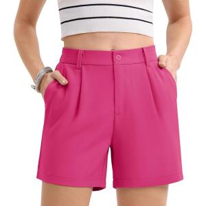 imageMAGCOMSEN Womens Shorts Dressy Casual Pleated Straight Leg Shorts Summer Elastic Waist Mid Rise Shorts with PocketsRosy Red
