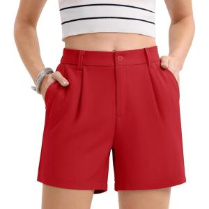 imageMAGCOMSEN Womens Shorts Dressy Casual Pleated Straight Leg Shorts Summer Elastic Waist Mid Rise Shorts with PocketsTomato Red