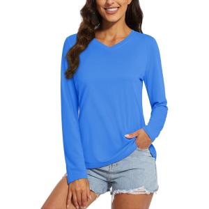 imageMAGCOMSEN Womens T Shirts VNeck Long Sleeve UPF 50 UV Sun Shirt Quick Dry Performance Tees Workout Swim TopsAzure