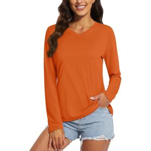 imageMAGCOMSEN Womens T Shirts VNeck Long Sleeve UPF 50 UV Sun Shirt Quick Dry Performance Tees Workout Swim TopsDark Orange