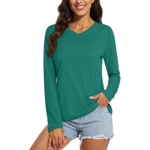 imageMAGCOMSEN Womens T Shirts VNeck Long Sleeve UPF 50 UV Sun Shirt Quick Dry Performance Tees Workout Swim TopsEmerald Green