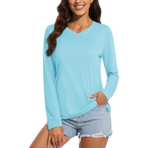 imageMAGCOMSEN Womens T Shirts VNeck Long Sleeve UPF 50 UV Sun Shirt Quick Dry Performance Tees Workout Swim TopsLake Blue