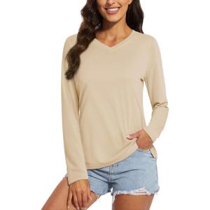 imageMAGCOMSEN Womens T Shirts VNeck Long Sleeve UPF 50 UV Sun Shirt Quick Dry Performance Tees Workout Swim TopsLight Apricot