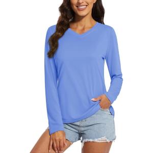 imageMAGCOMSEN Womens T Shirts VNeck Long Sleeve UPF 50 UV Sun Shirt Quick Dry Performance Tees Workout Swim TopsLight Blue