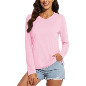 imageMAGCOMSEN Womens T Shirts VNeck Long Sleeve UPF 50 UV Sun Shirt Quick Dry Performance Tees Workout Swim TopsLight Pink