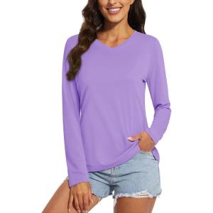 imageMAGCOMSEN Womens T Shirts VNeck Long Sleeve UPF 50 UV Sun Shirt Quick Dry Performance Tees Workout Swim TopsLight Purple