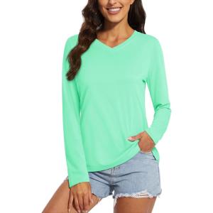 imageMAGCOMSEN Womens T Shirts VNeck Long Sleeve UPF 50 UV Sun Shirt Quick Dry Performance Tees Workout Swim TopsMint Green