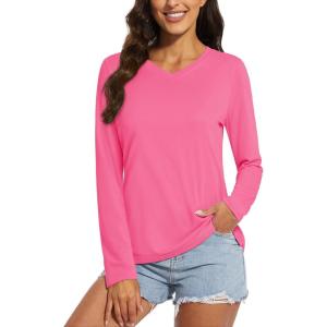 imageMAGCOMSEN Womens T Shirts VNeck Long Sleeve UPF 50 UV Sun Shirt Quick Dry Performance Tees Workout Swim TopsRose