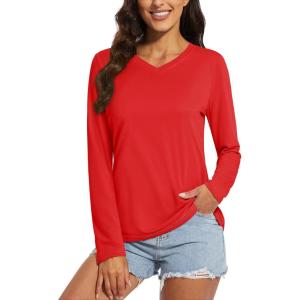imageMAGCOMSEN Womens T Shirts VNeck Long Sleeve UPF 50 UV Sun Shirt Quick Dry Performance Tees Workout Swim TopsTomato