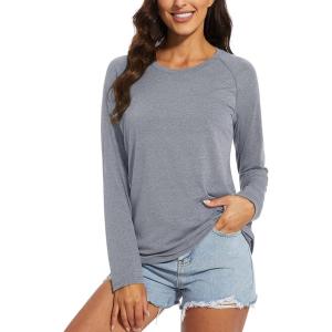 imageMAGCOMSEN Womens Long Sleeve Shirts UPF 50 Sun Protection Running Fishing Workout T ShirtsLight Grey
