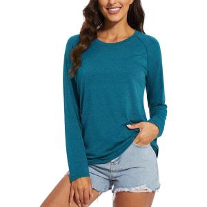 imageMAGCOMSEN Womens Long Sleeve Shirts UPF 50 Sun Protection Running Fishing Workout T ShirtsPeacock Blue