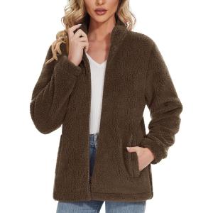 imageMAGCOMSEN Women Sherpa Jacket Full Zip Fuzzy Teddy Coat with Pockets Fleece Lined Warm Winter Casual OutfitsBrown