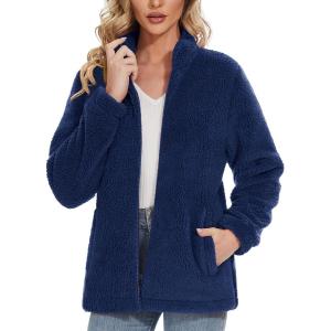 imageMAGCOMSEN Women Sherpa Jacket Full Zip Fuzzy Teddy Coat with Pockets Fleece Lined Warm Winter Casual OutfitsDark Blue