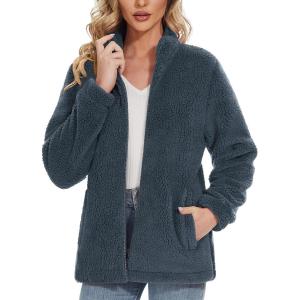 imageMAGCOMSEN Women Sherpa Jacket Full Zip Fuzzy Teddy Coat with Pockets Fleece Lined Warm Winter Casual OutfitsDark Grey