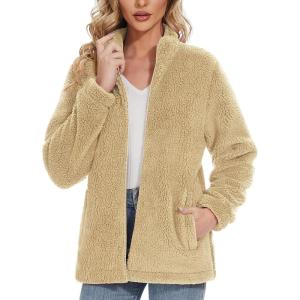 imageMAGCOMSEN Women Sherpa Jacket Full Zip Fuzzy Teddy Coat with Pockets Fleece Lined Warm Winter Casual OutfitsKhaki