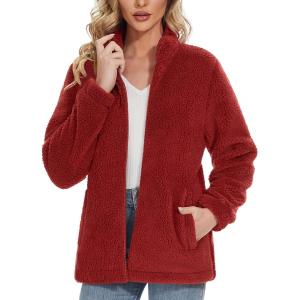 imageMAGCOMSEN Women Sherpa Jacket Full Zip Fuzzy Teddy Coat with Pockets Fleece Lined Warm Winter Casual OutfitsOrange Red