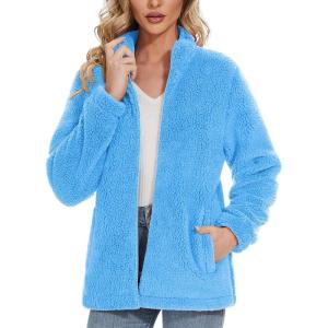 imageMAGCOMSEN Women Sherpa Jacket Full Zip Fuzzy Teddy Coat with Pockets Fleece Lined Warm Winter Casual OutfitsSky Blue