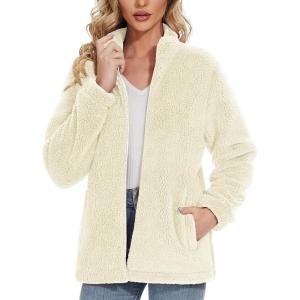 imageMAGCOMSEN Women Sherpa Jacket Full Zip Fuzzy Teddy Coat with Pockets Fleece Lined Warm Winter Casual OutfitsWhite