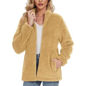 imageMAGCOMSEN Women Sherpa Jacket Full Zip Fuzzy Teddy Coat with Pockets Fleece Lined Warm Winter Casual OutfitsYellow