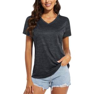 imageMAGCOMSEN Womens V Neck Workout Shirts Short Sleeve Moisture Wicking Yoga TShirts Quick Dry Athletic TopsBlack