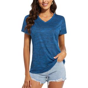 imageMAGCOMSEN Womens V Neck Workout Shirts Short Sleeve Moisture Wicking Yoga TShirts Quick Dry Athletic TopsBlue