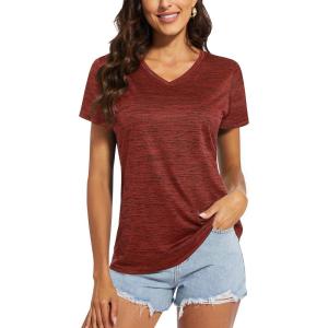 imageMAGCOMSEN Womens V Neck Workout Shirts Short Sleeve Moisture Wicking Yoga TShirts Quick Dry Athletic TopsDark Orange