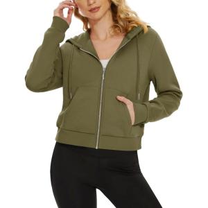 imageMAGCOMSEN Womens Cropped Hoodie Sweatshirt Fleece Lined Full Zip Up Jacket With PocketsArmy Green