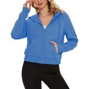 imageMAGCOMSEN Womens Cropped Hoodie Sweatshirt Fleece Lined Full Zip Up Jacket With PocketsAzure