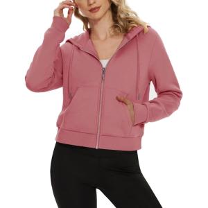 imageMAGCOMSEN Womens Cropped Hoodie Sweatshirt Fleece Lined Full Zip Up Jacket With PocketsGrey Pink