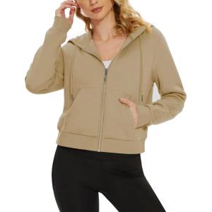 imageMAGCOMSEN Womens Cropped Hoodie Sweatshirt Fleece Lined Full Zip Up Jacket With PocketsKhaki