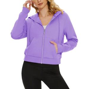 imageMAGCOMSEN Womens Cropped Hoodie Sweatshirt Fleece Lined Full Zip Up Jacket With PocketsLight Purple