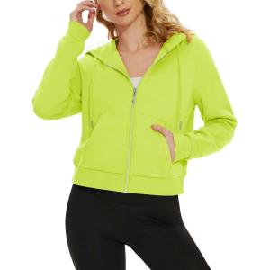 imageMAGCOMSEN Womens Cropped Hoodie Sweatshirt Fleece Lined Full Zip Up Jacket With PocketsYellow Green