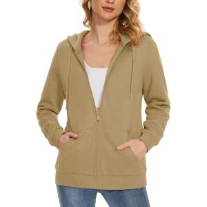 imageMAGCOMSEN Womens Fleece Lined Zip Up Hoodies Casual Hooded Jacket Workout Full Zip Sweatshirts Pocket CoatsKhaki