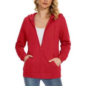 imageMAGCOMSEN Womens Fleece Lined Zip Up Hoodies Casual Hooded Jacket Workout Full Zip Sweatshirts Pocket CoatsRed