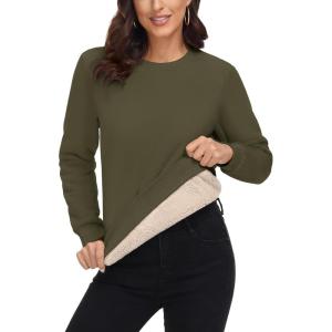 imageMAGCOMSEN Womens Sherpa Lined Sweatshirts Thermal Casual Crewneck Fleece Pullover Winter Warm Thick Long Sleeve TopsArmy Green