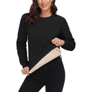 imageMAGCOMSEN Womens Sherpa Lined Sweatshirts Thermal Casual Crewneck Fleece Pullover Winter Warm Thick Long Sleeve TopsBlack