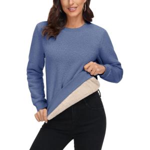 imageMAGCOMSEN Womens Sherpa Lined Sweatshirts Thermal Casual Crewneck Fleece Pullover Winter Warm Thick Long Sleeve TopsGrey Blue