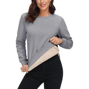 imageMAGCOMSEN Womens Sherpa Lined Sweatshirts Thermal Casual Crewneck Fleece Pullover Winter Warm Thick Long Sleeve TopsLight Grey