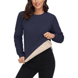 imageMAGCOMSEN Womens Sherpa Lined Sweatshirts Thermal Casual Crewneck Fleece Pullover Winter Warm Thick Long Sleeve TopsNavy